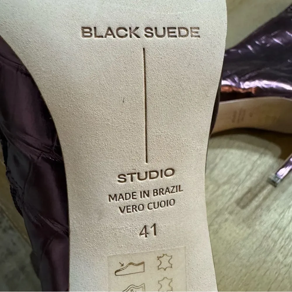 BLACK SUEDE STUDIO Tall Stiletto‎ Boot Croc Embossed Point Toe Oxblood Metallic